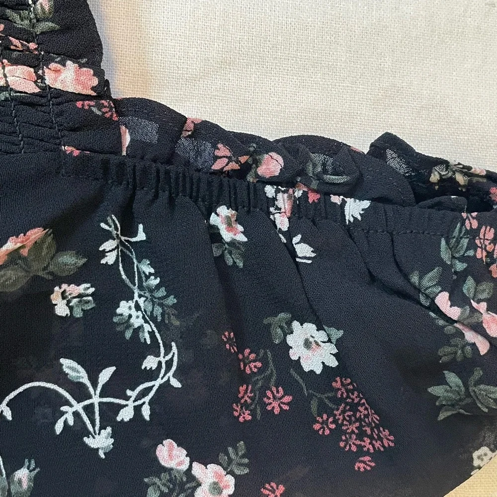 Reformation black Floral off shoulder long sleeve SmockedTop